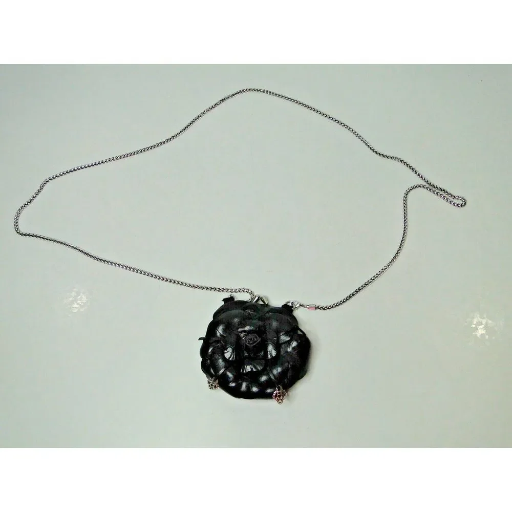 Brighton Roselie Flower 3D Black Leather Chain Crossbody Small Purse Kisslock